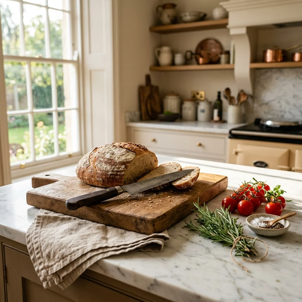 Handcrafted oak chopping board on a kitchen island with fresh bread, herbs and morning sunlight