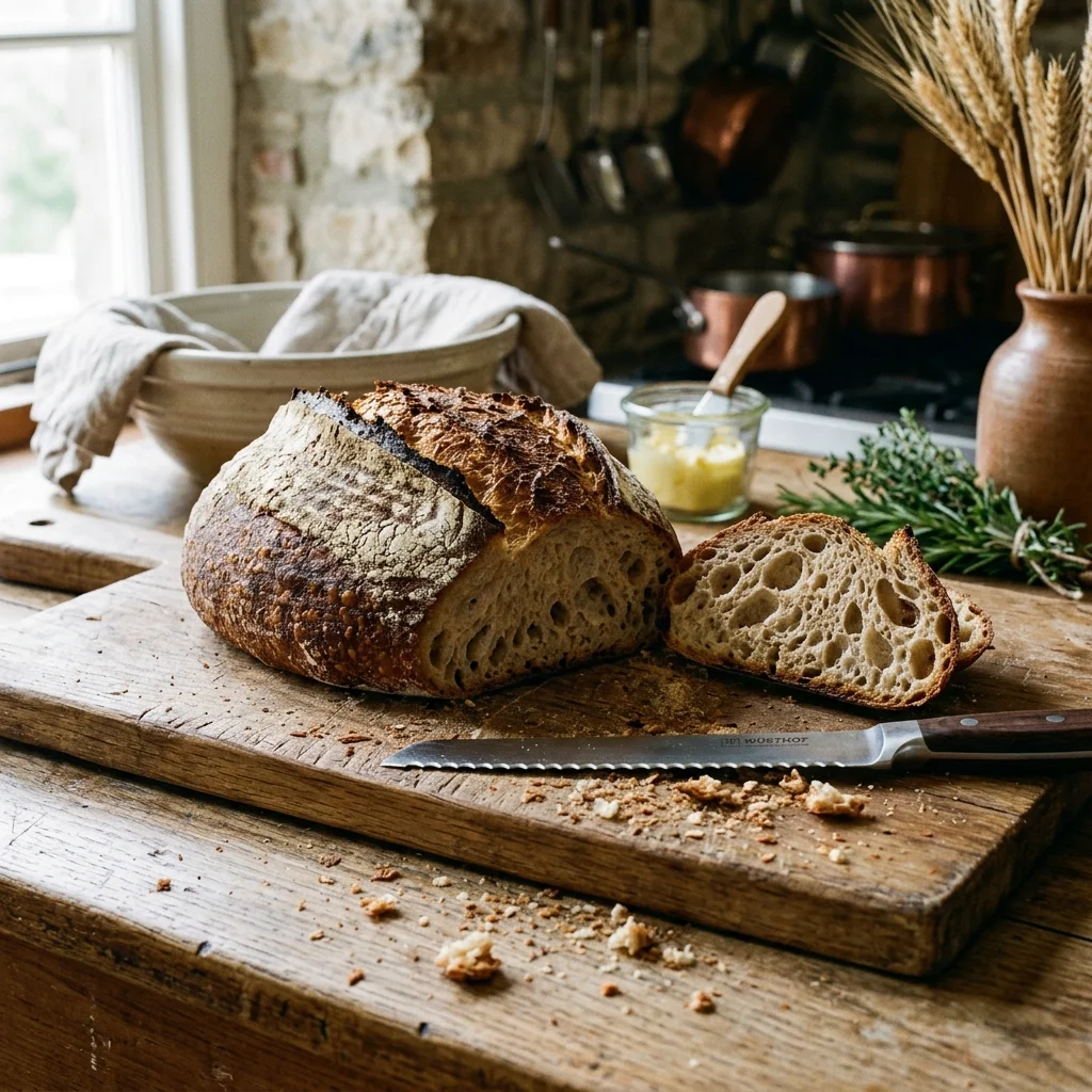 Fresh artisan bread on a wooden bread board — morning kitchen ritual