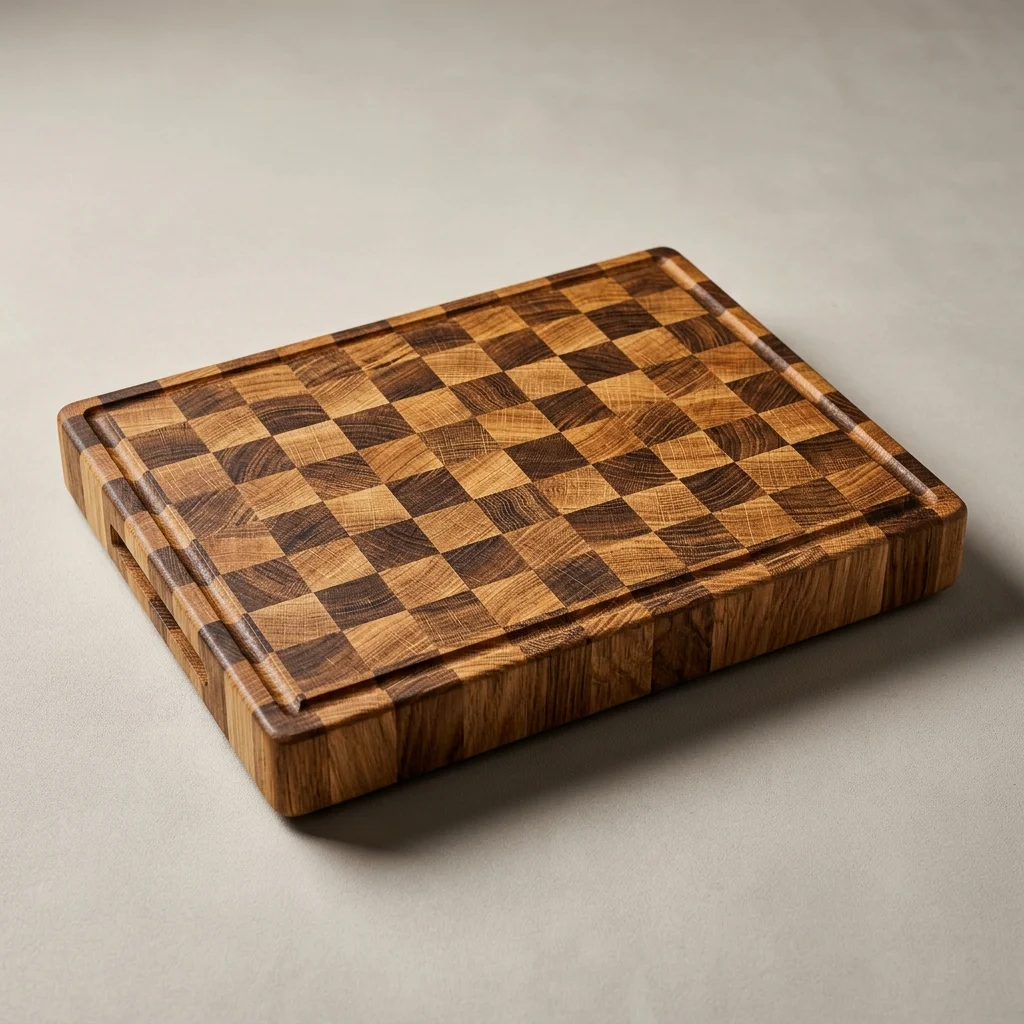 End grain wooden chopping board showing beautiful cross-section wood grain patterns